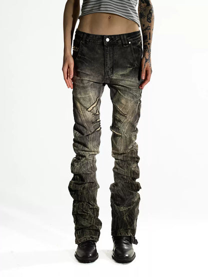 Khaki Studded Curved Seam Stacked Jeans