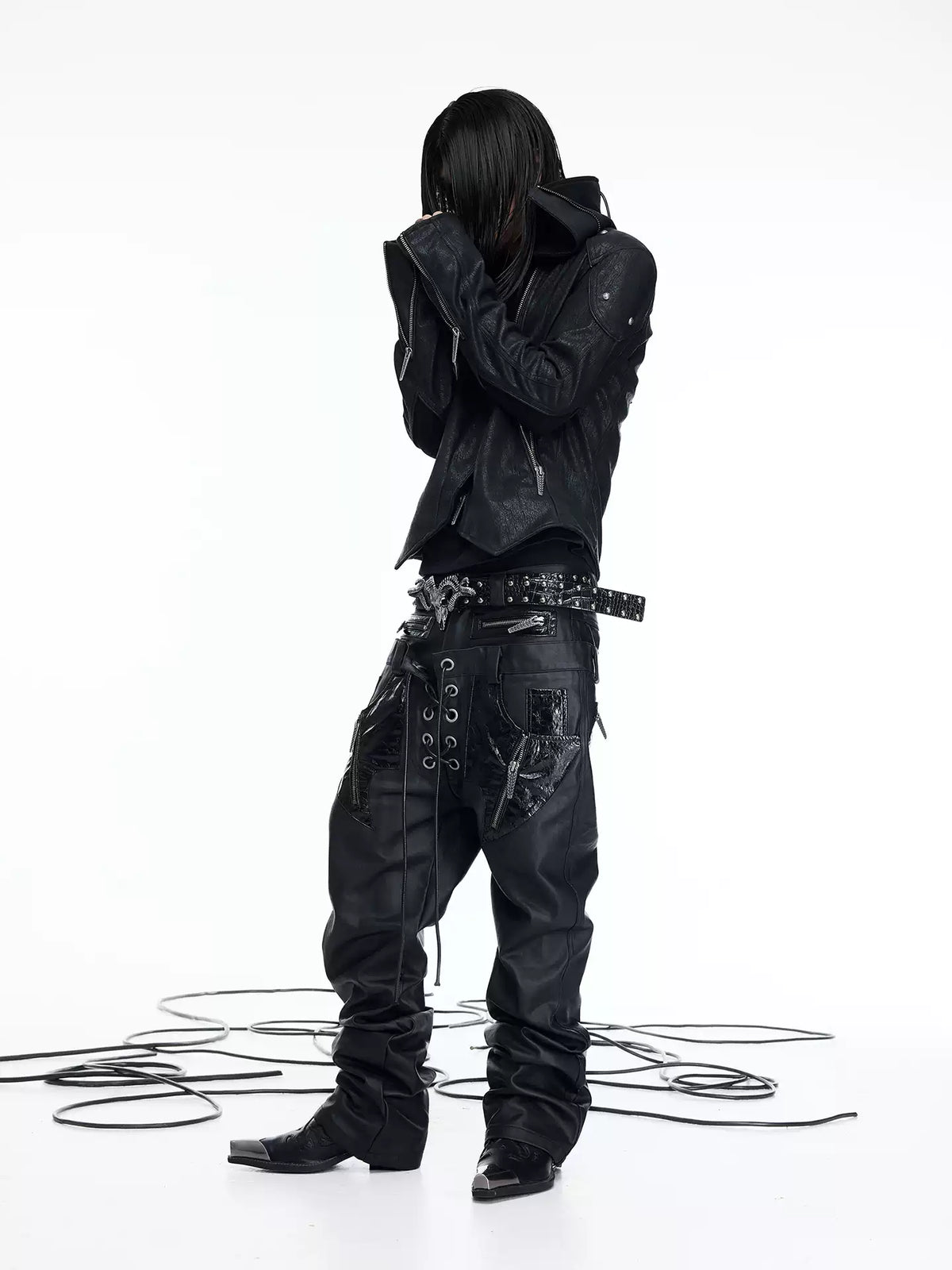 Double Waist PU Panel Drawstring Straight Jeans