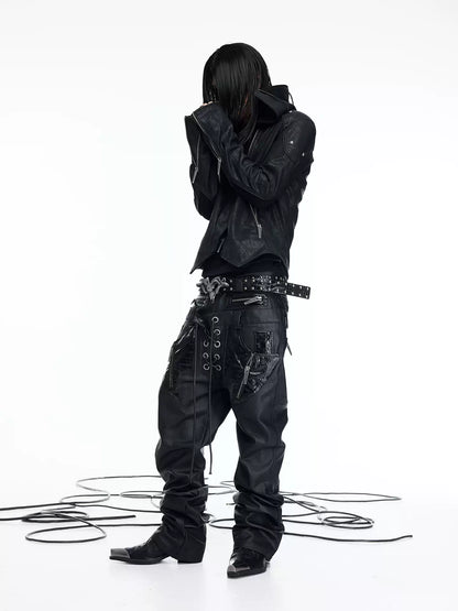 Double Waist PU Panel Drawstring Straight Jeans