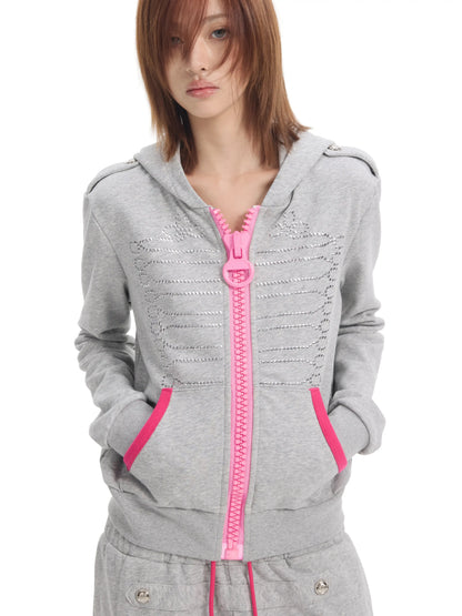 Pink Contrast Zip Grey Hooded Sweatshirt