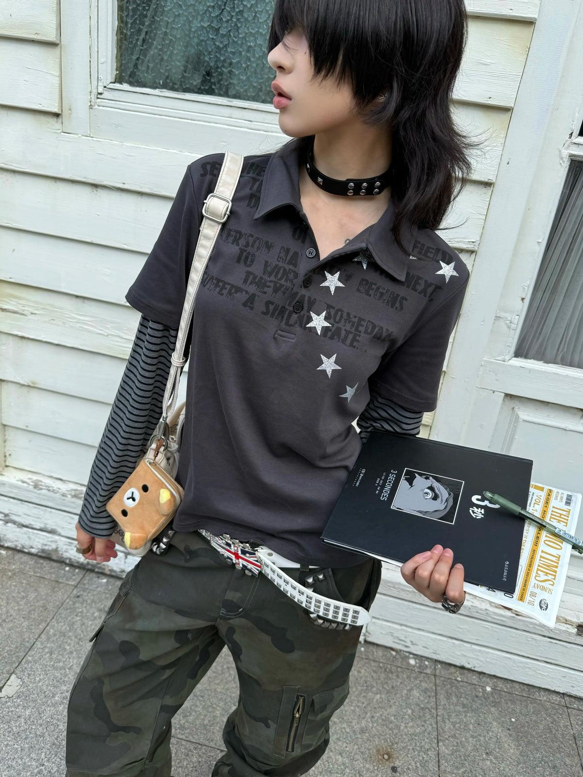 Star Pattern Layered Look Long Sleeve Polo Shirt