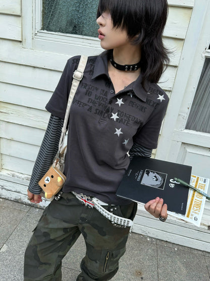 Star Pattern Layered Look Long Sleeve Polo Shirt