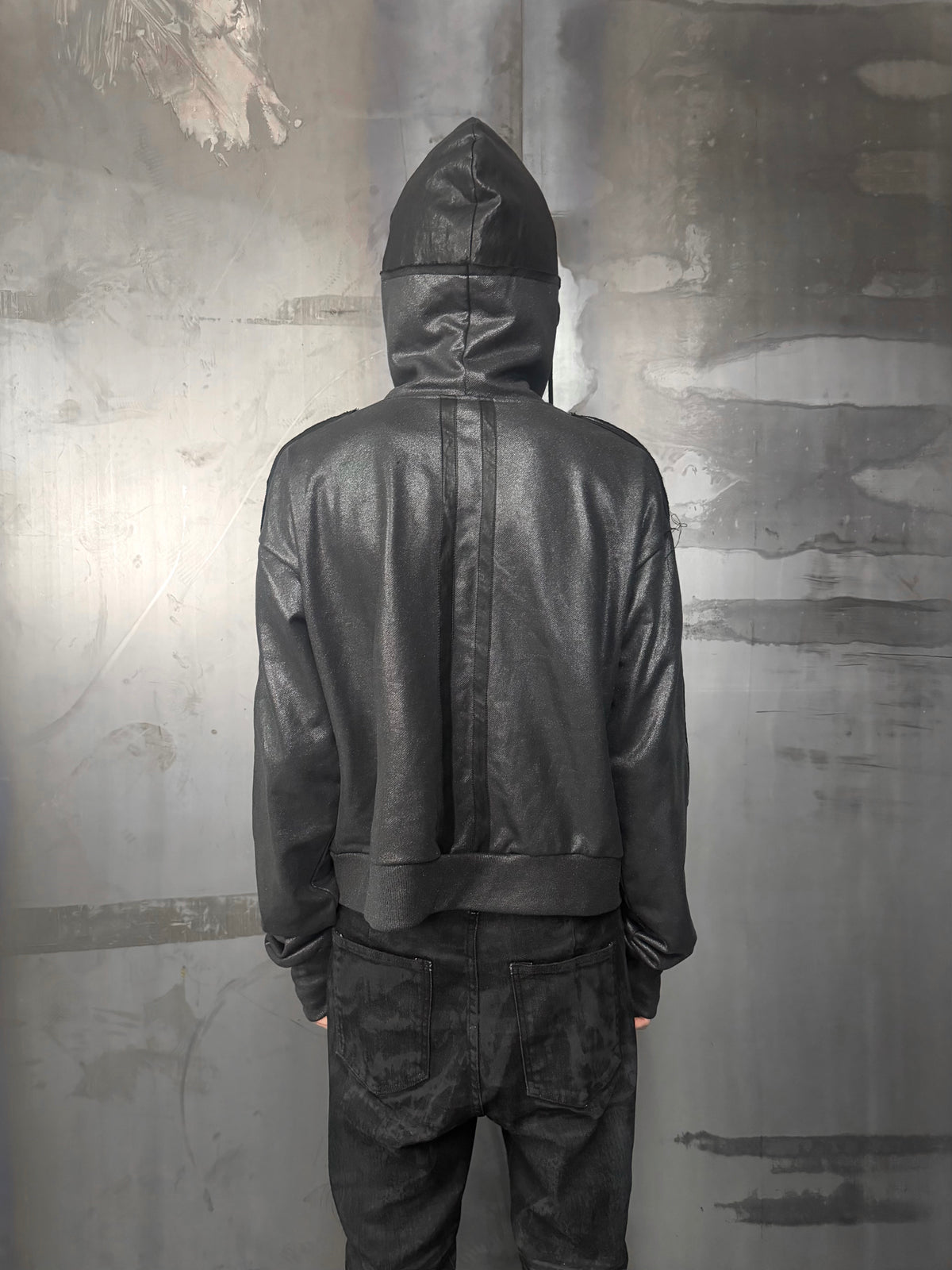 Cross Print Panelled High Neck Zip Up Hoodie