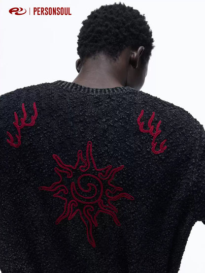 Totem Jacquard Embroidered Henley Knit Top
