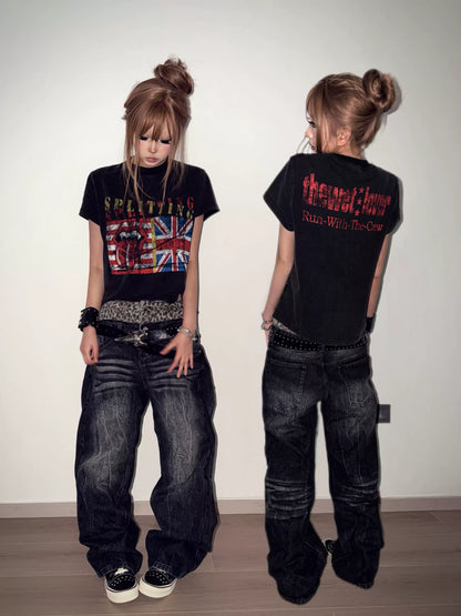 Double Waist Black Washed Baggy Jeans