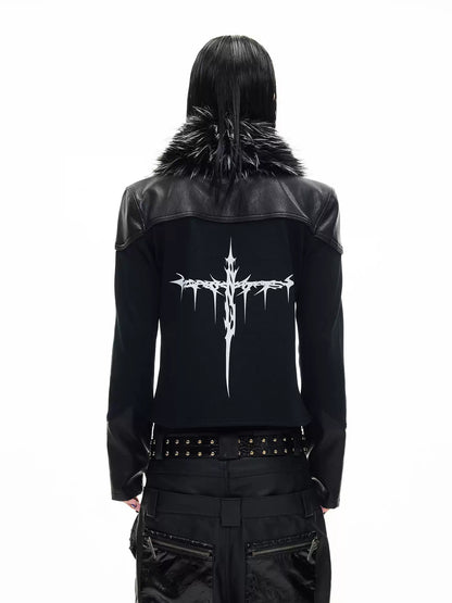 Detachable Faux Fur Collar Printed Long Sleeve Polo