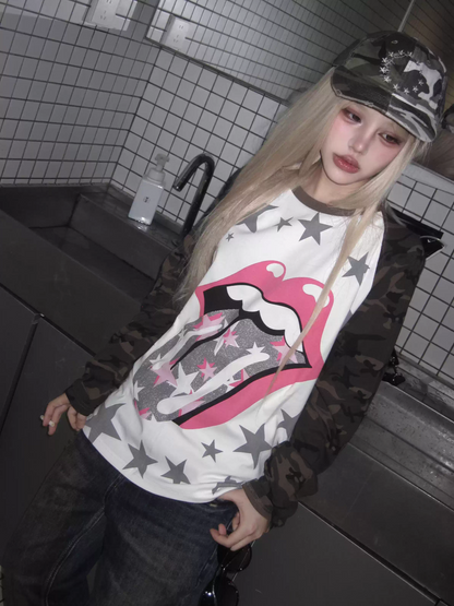 Tongue and Star Graphic Raglan Long Sleeve Top