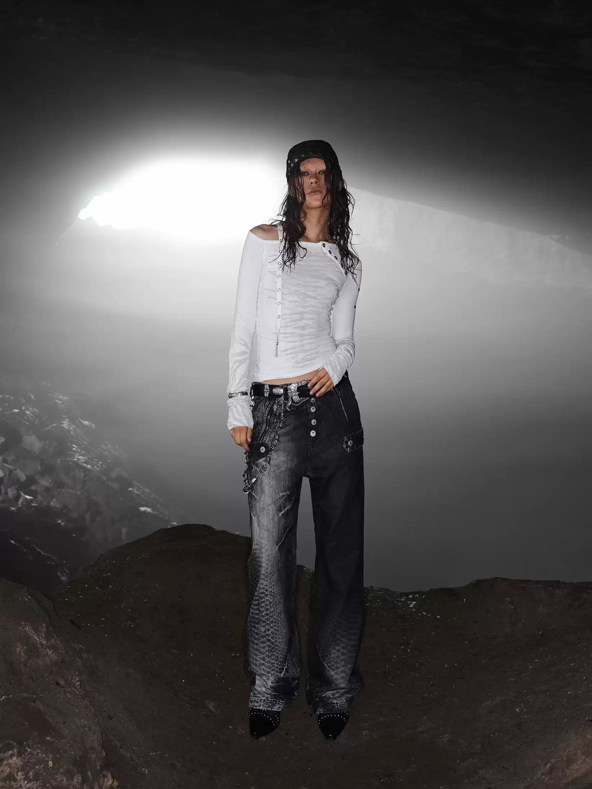 Crocodile Embroidered Crossover Waist Waxed Jeans