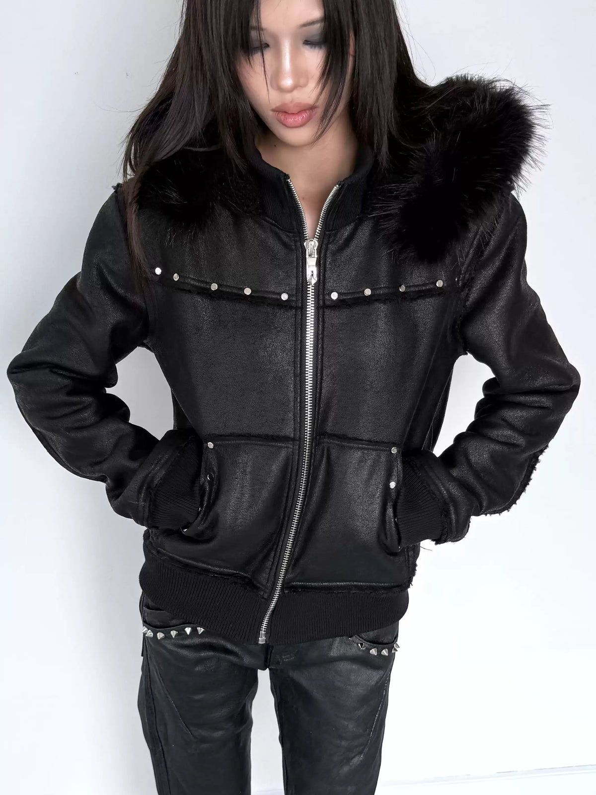 Cracked Faux Leather Fur Trim Hooded Jacket