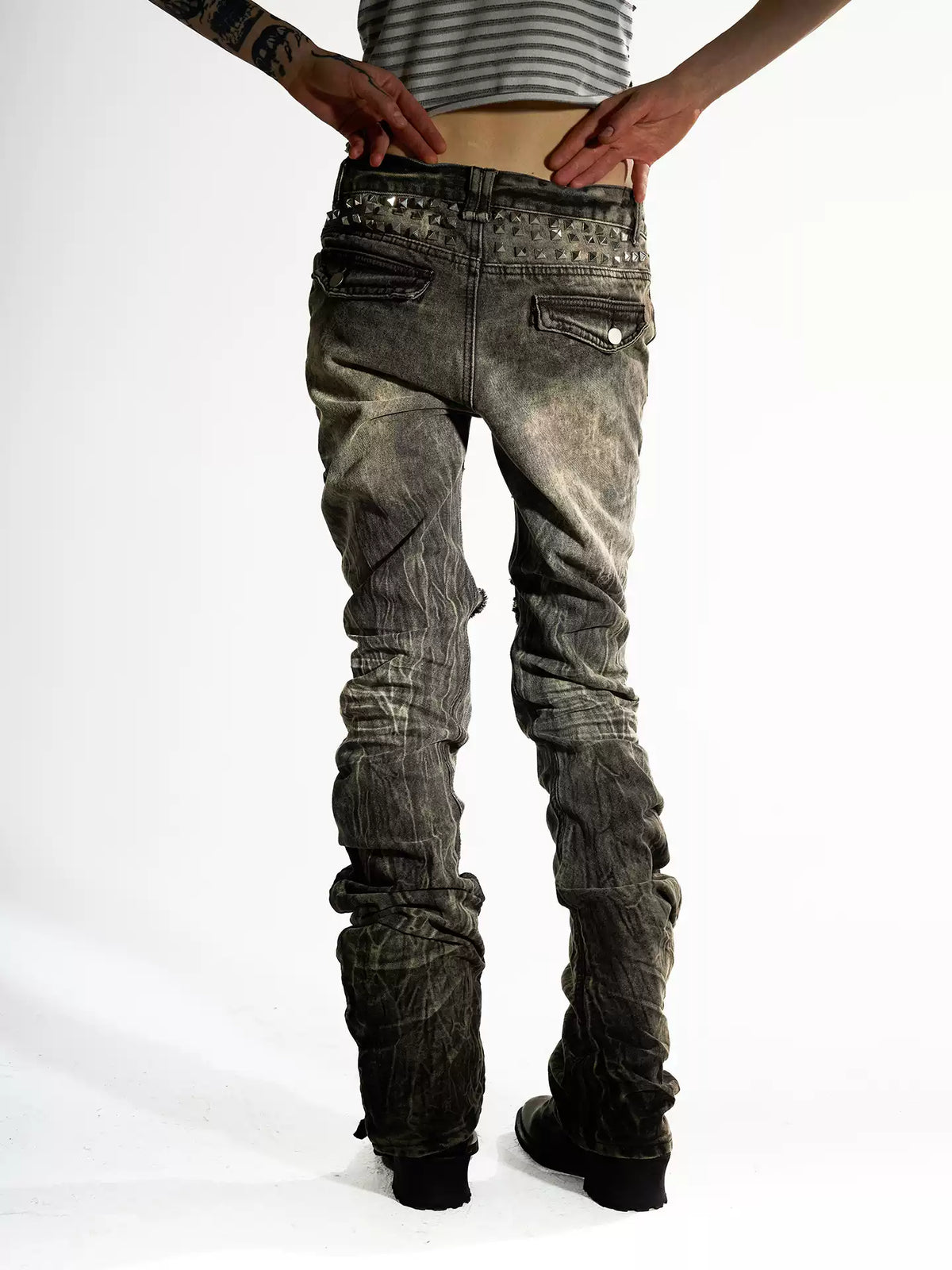 Khaki Studded Curved Seam Stacked Jeans