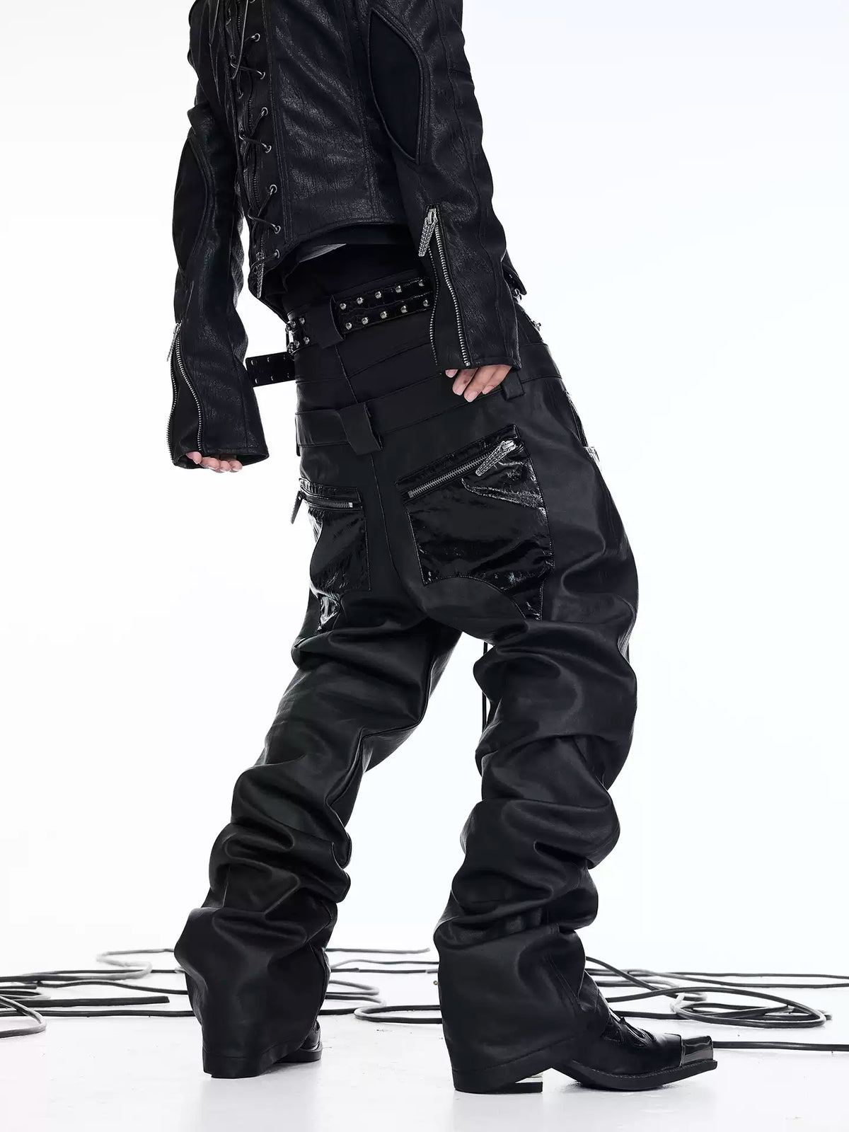 Double Waist PU Panel Drawstring Straight Jeans