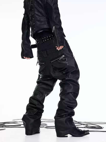 Double Waist PU Panel Drawstring Straight Jeans