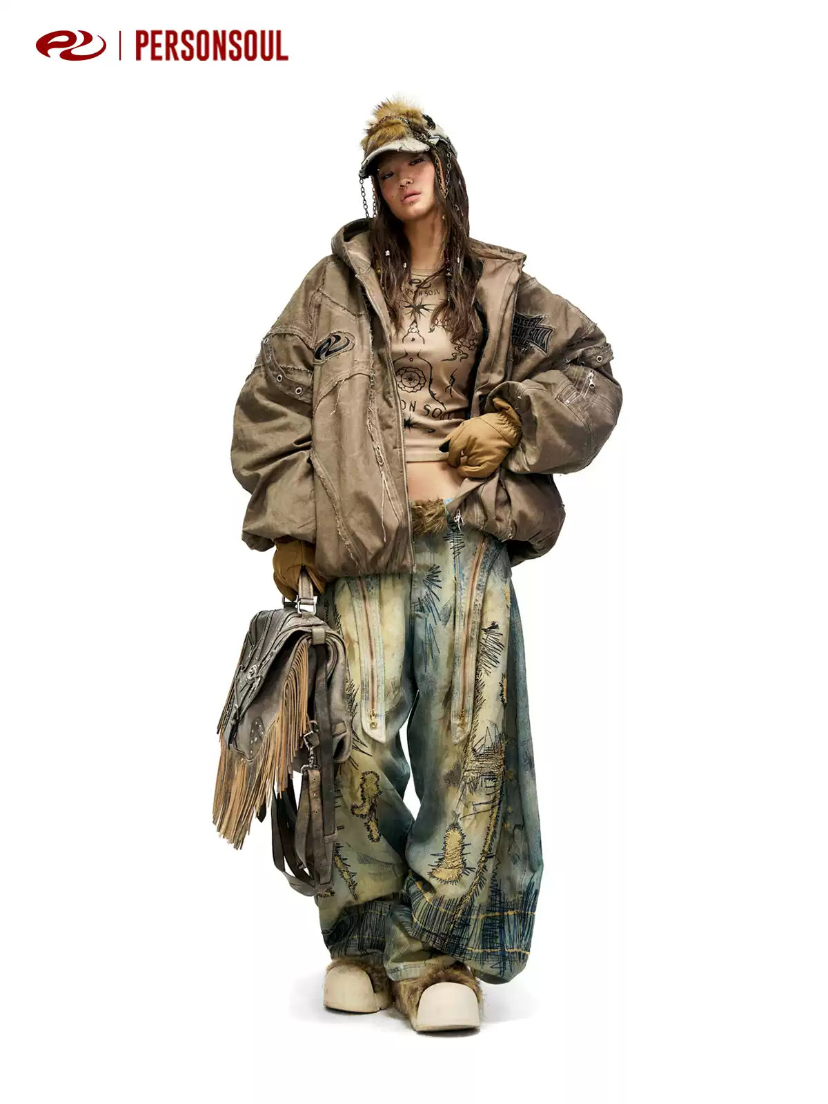 Hand Distressed Brown Hooded Padded Jacket