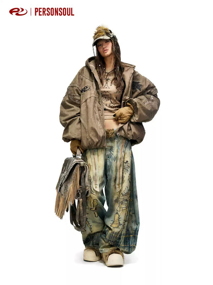 Hand Distressed Brown Hooded Padded Jacket