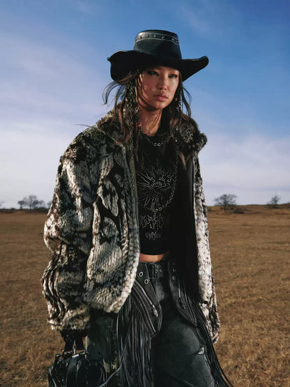 Snake Pattern Faux Fur Zip Jacket