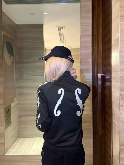 Musical Note Embroidered Stand Collar Zip Jacket