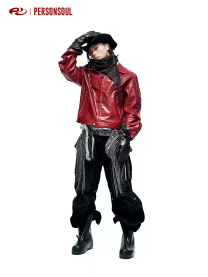 Red Crinkled PU Leather Jacket