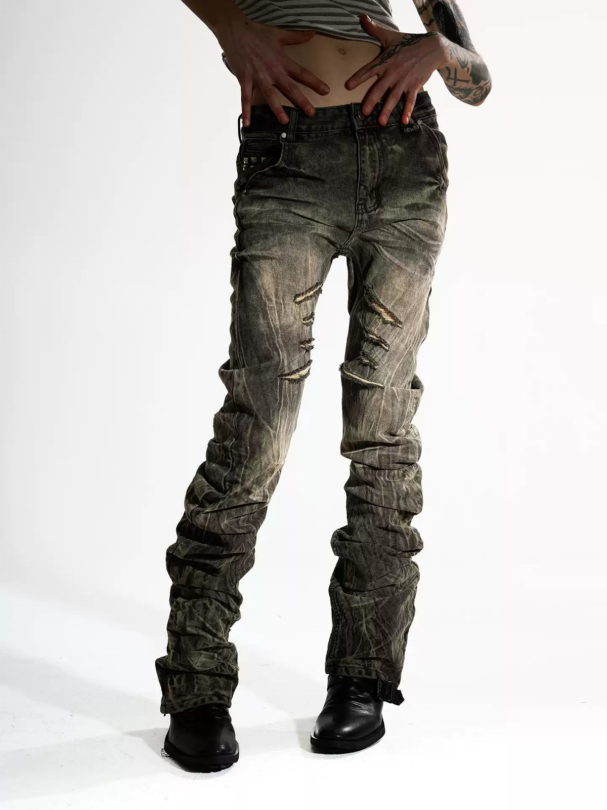 Khaki Studded Curved Seam Stacked Jeans