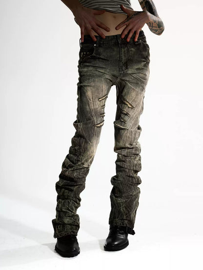Khaki Studded Curved Seam Stacked Jeans