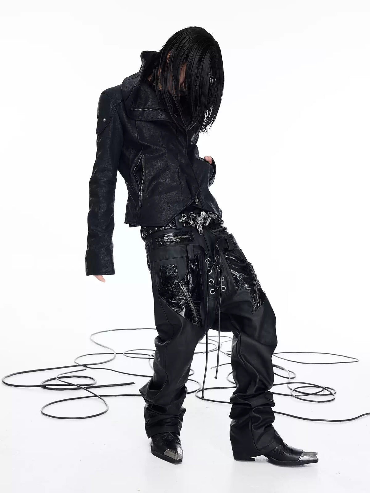 Double Waist PU Panel Drawstring Straight Jeans