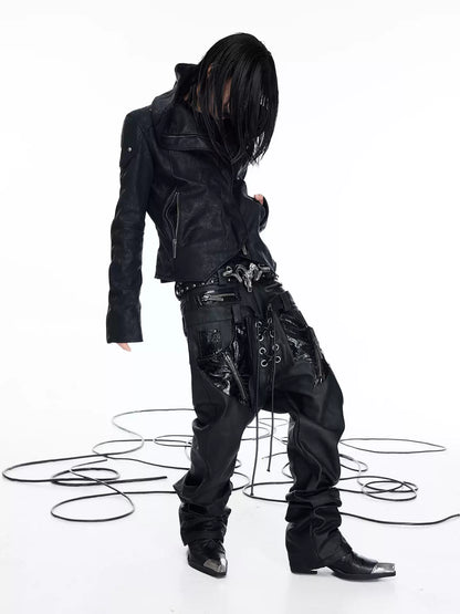 Double Waist PU Panel Drawstring Straight Jeans