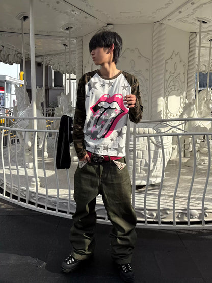 Tongue and Star Graphic Raglan Long Sleeve Top