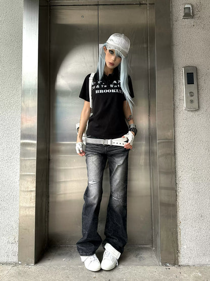 Water Ripple Washed Straight Leg Jeans