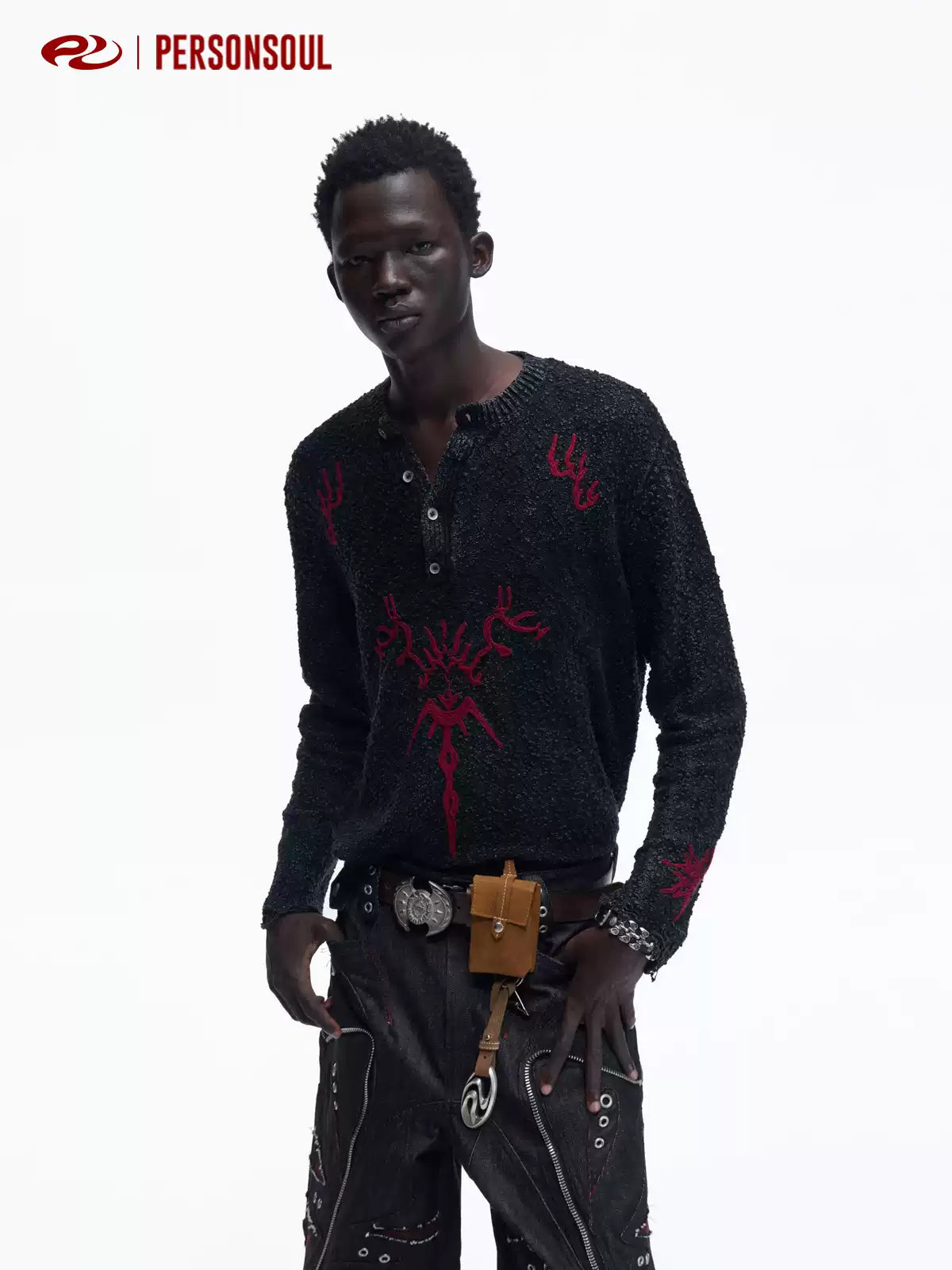 Totem Jacquard Embroidered Henley Knit Top