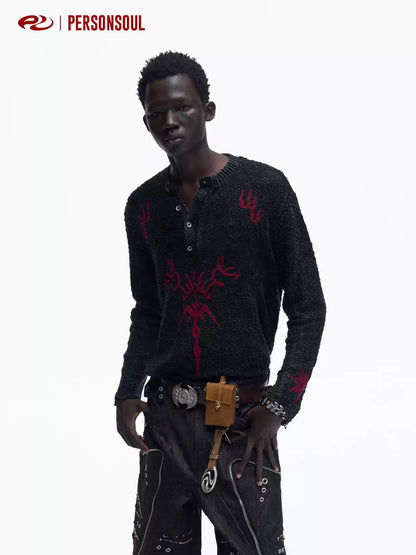 Totem Jacquard Embroidered Henley Knit Top