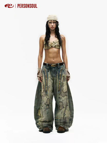 Patch Embroidered Curved Leg Baggy Jeans