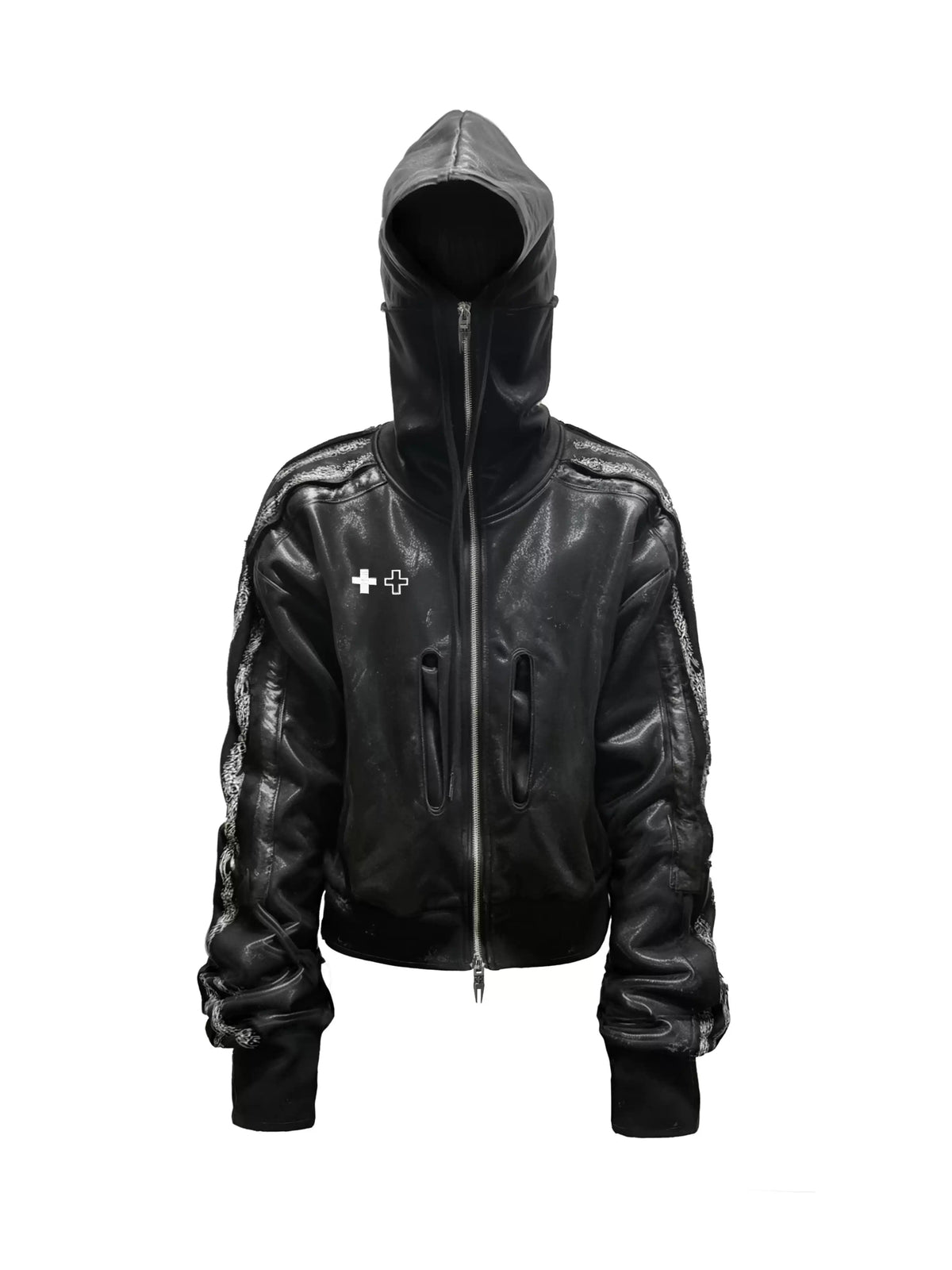 Cross Print Panelled High Neck Zip Up Hoodie