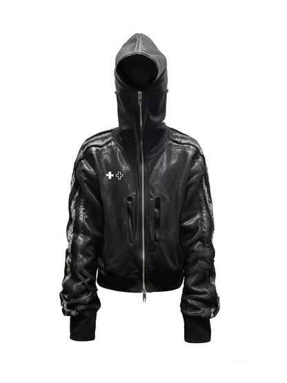 Cross Print Panelled High Neck Zip Up Hoodie