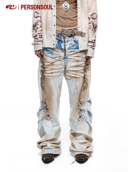 Rhinestone Cat Whisker Washed Slim Fit Jeans