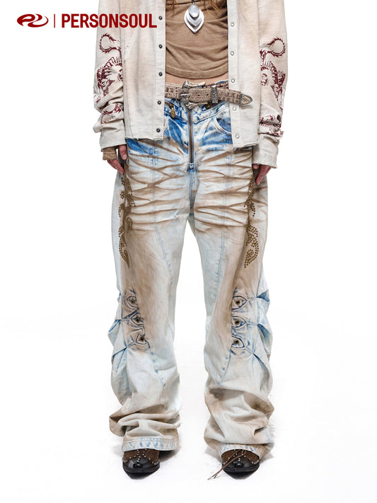 Rhinestone Cat Whisker Washed Slim Fit Jeans
