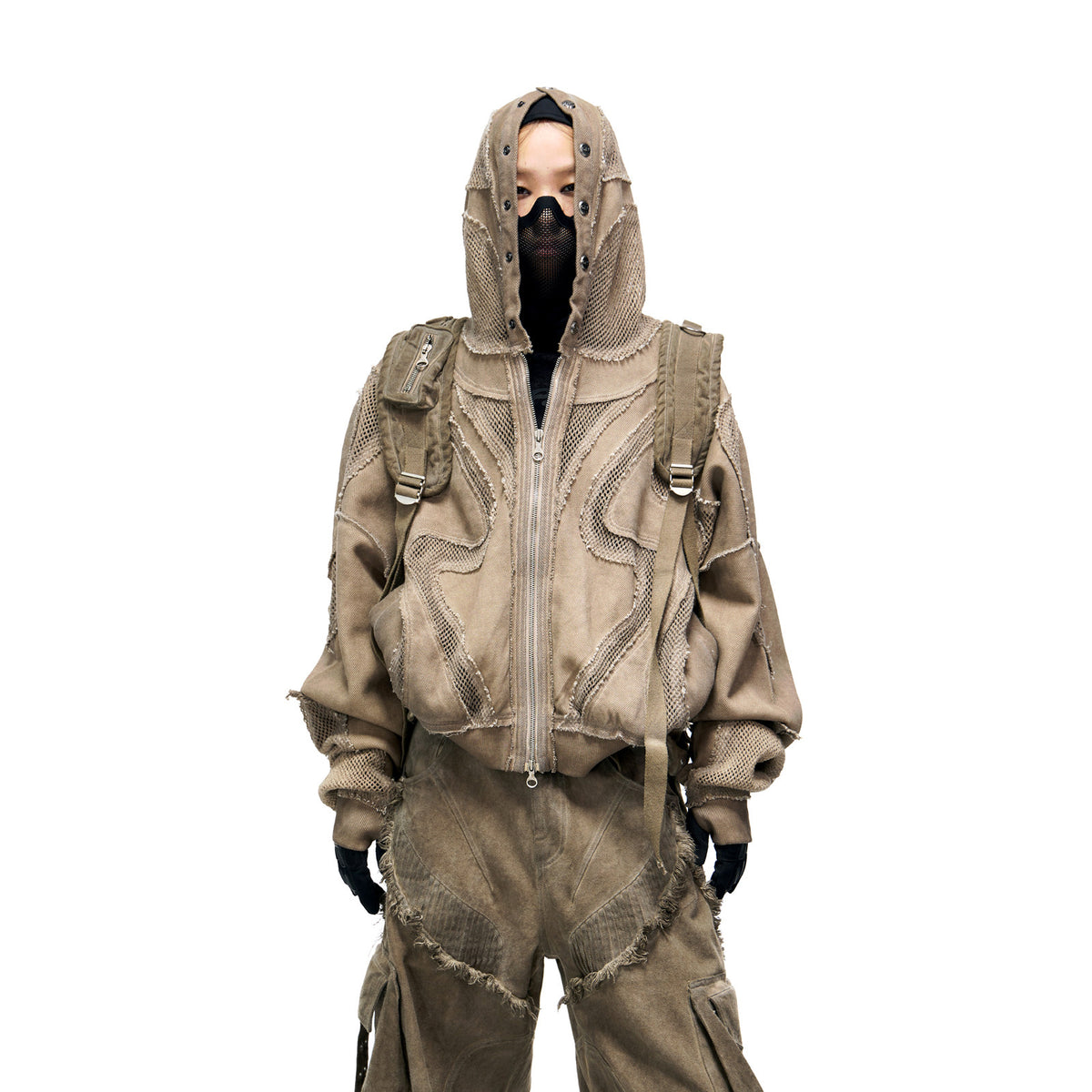 Deconstructed Mesh Panel Zip-Up Hoodie
