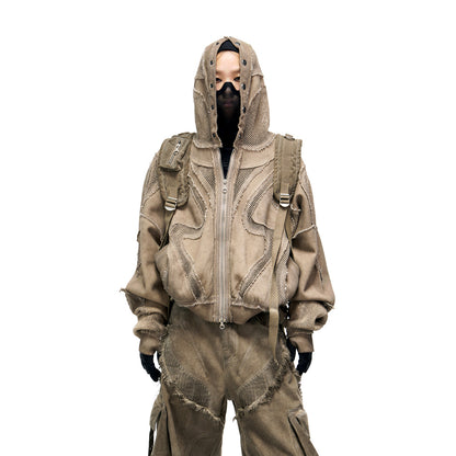 Deconstructed Mesh Panel Zip-Up Hoodie