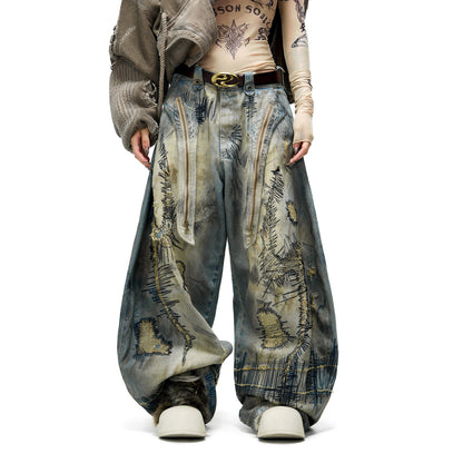 Patch Embroidered Curved Leg Baggy Jeans