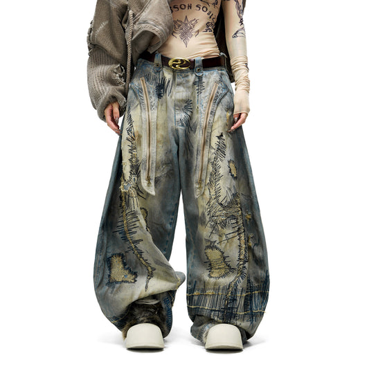 Patch Embroidered Curved Leg Baggy Jeans