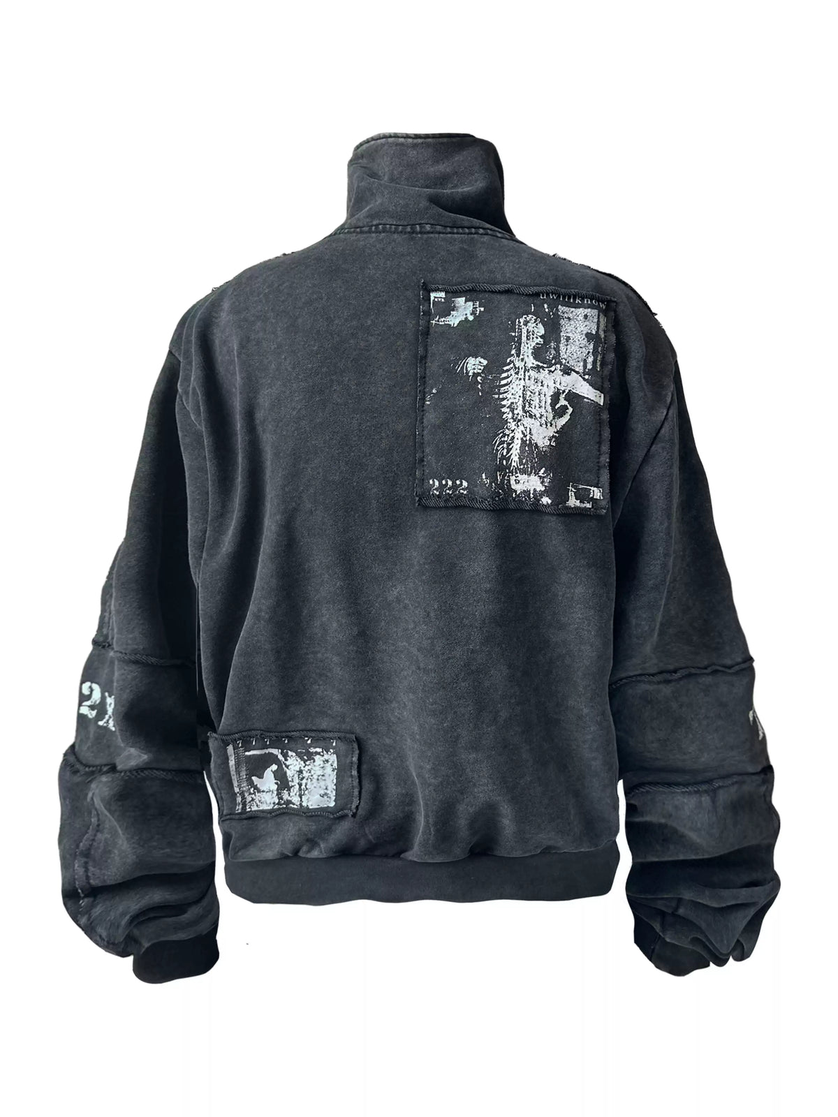 Washed Graphic Patch Stand Collar Zip Jacket