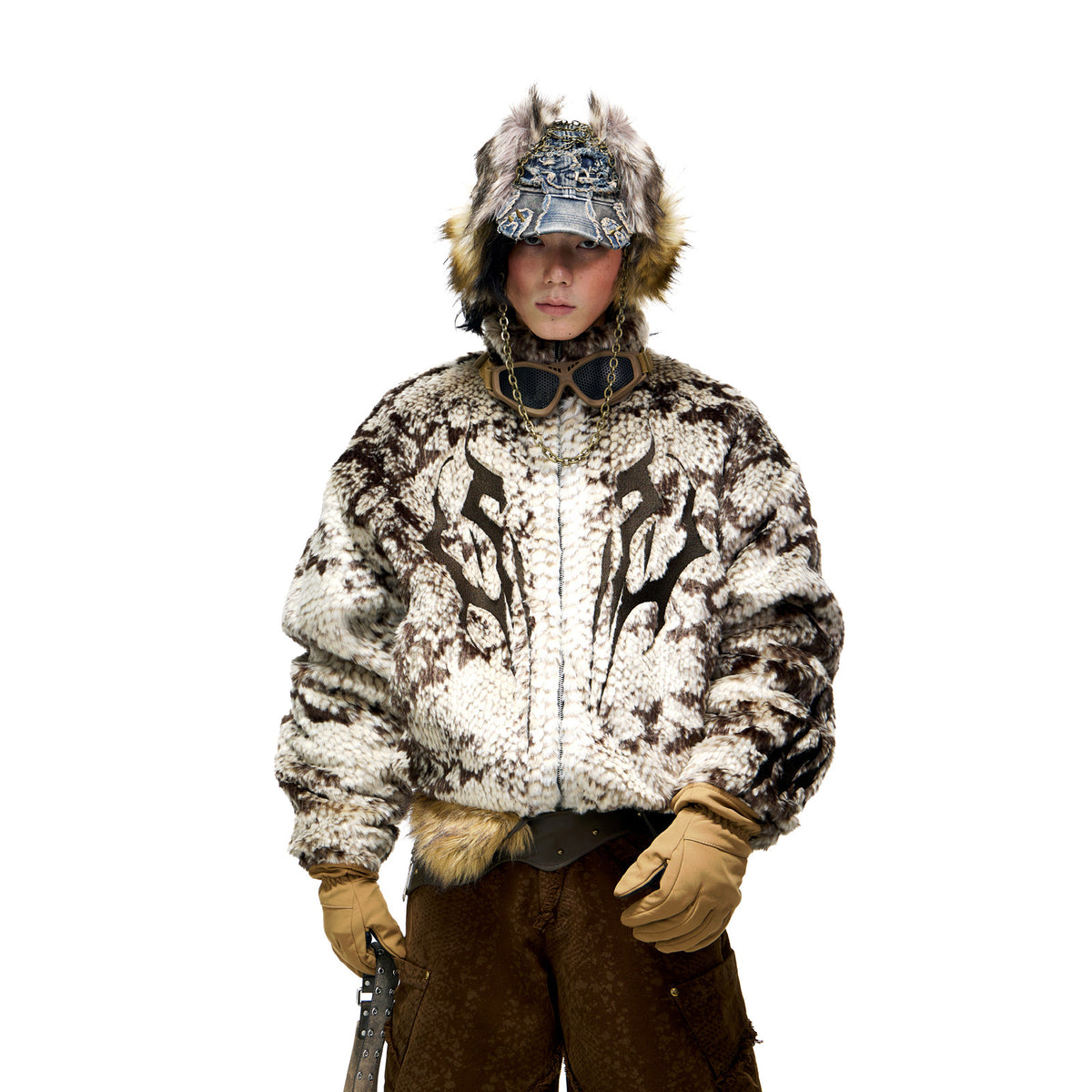 Snake Pattern Faux Fur Zip Jacket