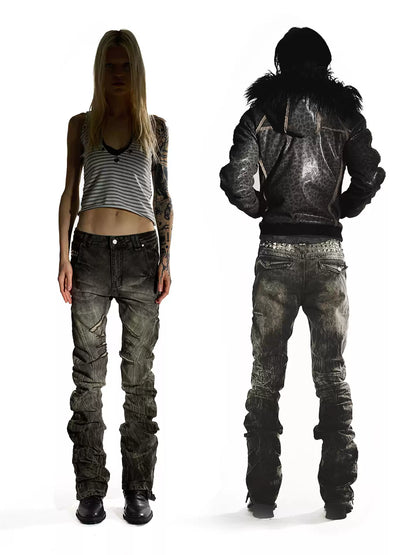 Khaki Studded Curved Seam Stacked Jeans