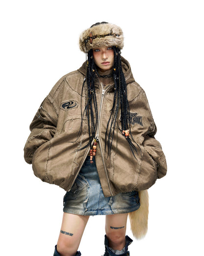 Hand Distressed Brown Hooded Padded Jacket