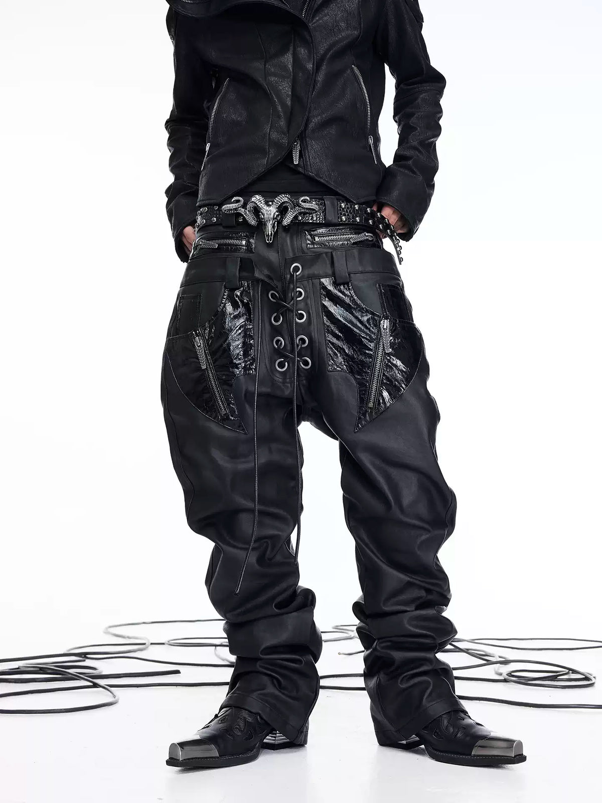 Double Waist PU Panel Drawstring Straight Jeans