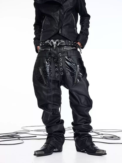 Double Waist PU Panel Drawstring Straight Jeans