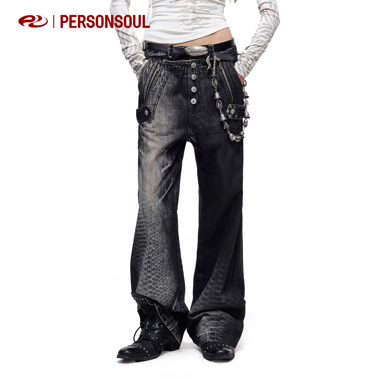 Crocodile Embroidered Crossover Waist Waxed Jeans
