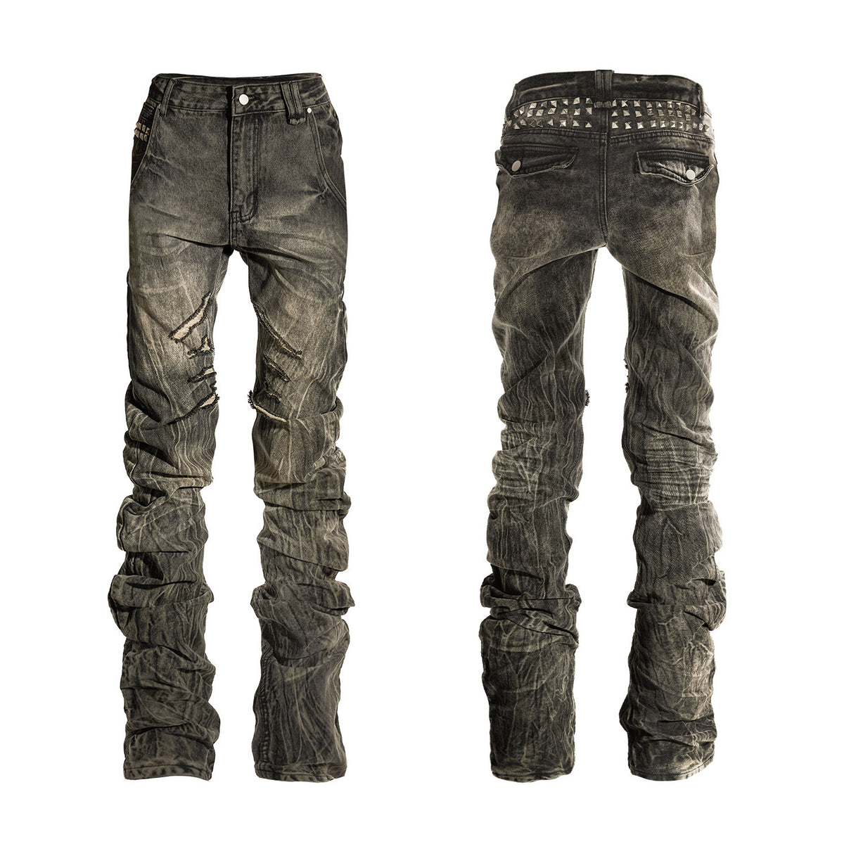 Khaki Studded Curved Seam Stacked Jeans