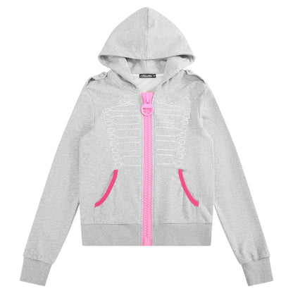 Pink Contrast Zip Grey Hooded Sweatshirt