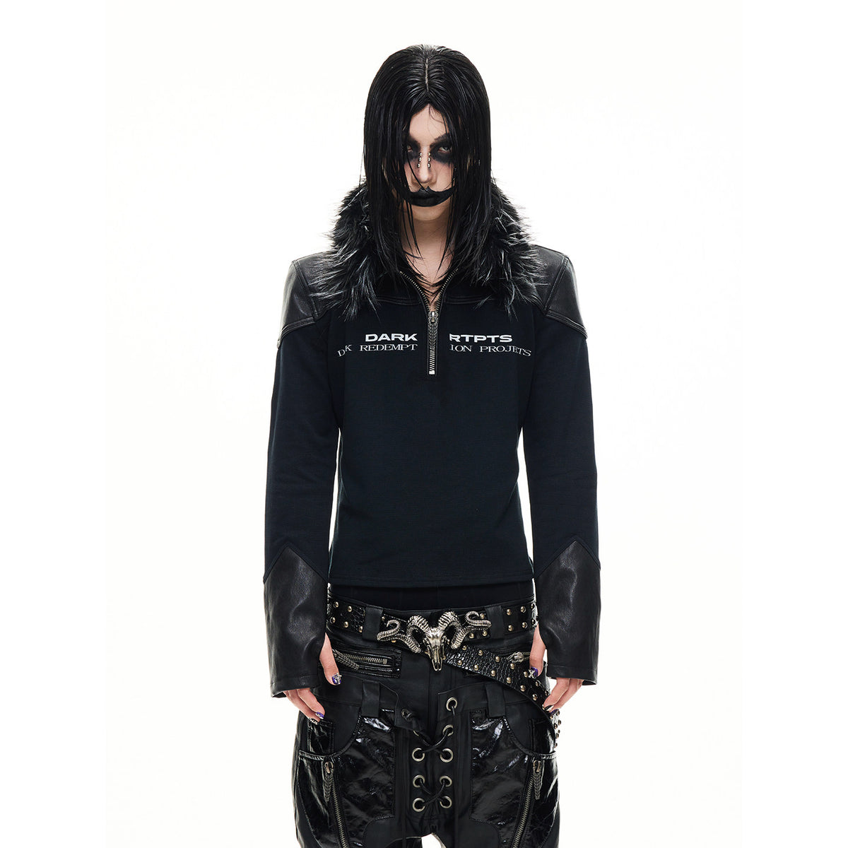 Detachable Faux Fur Collar Printed Long Sleeve Polo