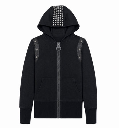 Studded Hood Leather Look Panel Zip Up Hoodie