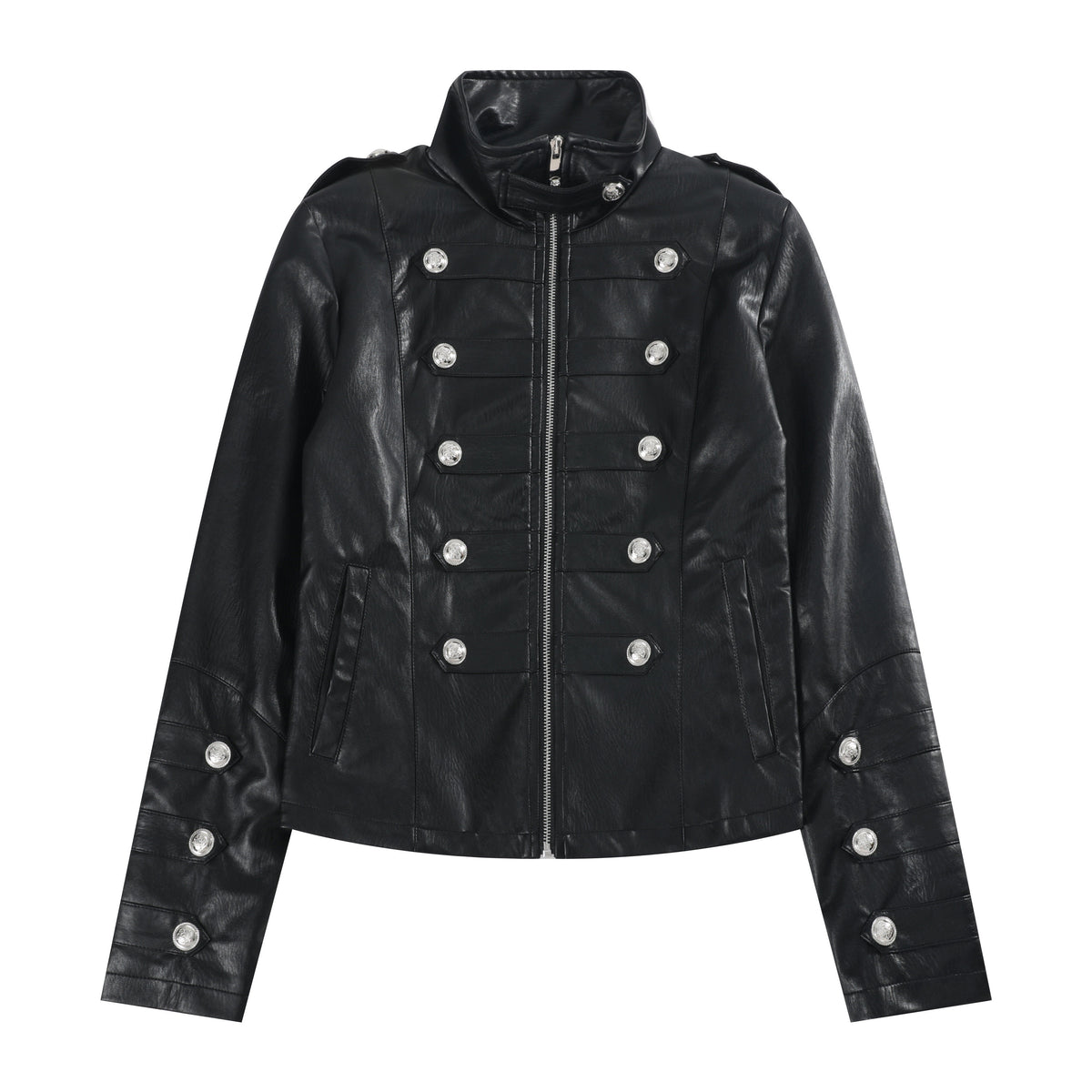 Military Button Cropped Faux Leather Jacket